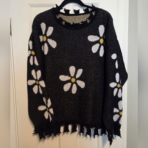 3X Black Daisy Trendy Distressed Fringe Sweater